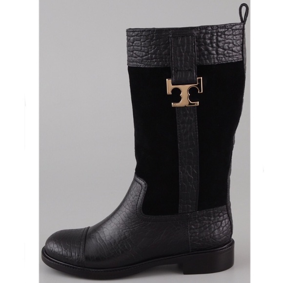 SOLD - Tory Burch Black Suede and Leather Embossed Boots - Picture 1 of 10